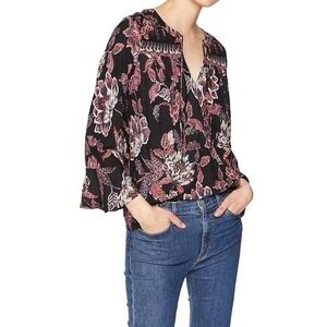Lucky Brand Shirt Womens M Black Purple Floral Peasant Dark Cottagecore Festival